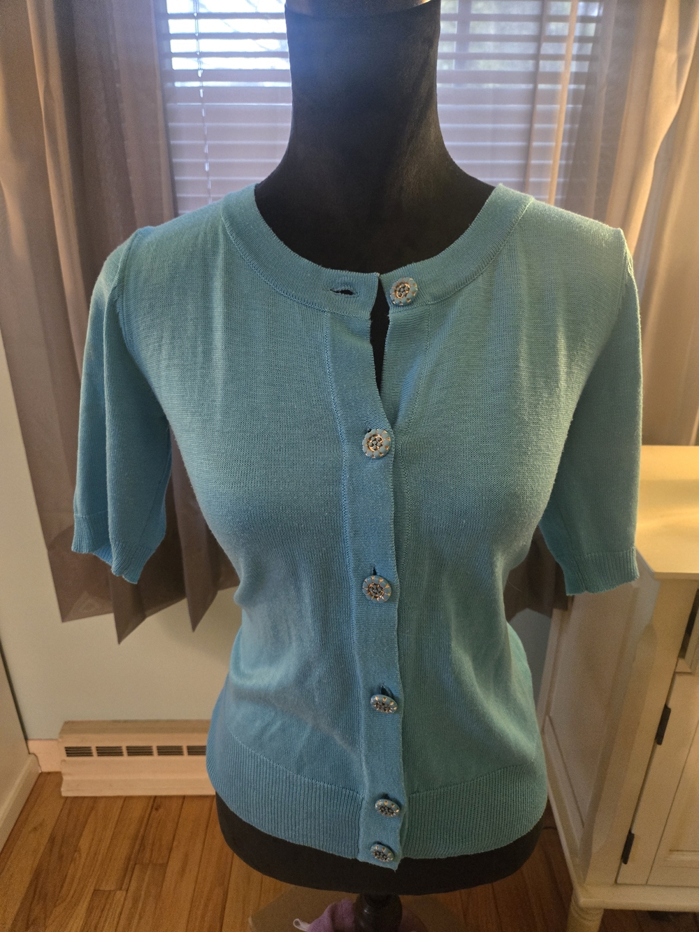 New York & Company Turquoise Short Sleeve Button Cardigan